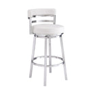 Armen Living Madrid 26" Counter Height Swivel Bar Stool in White Faux Leather & Brushed Stainless Steel-The smooth 360-degree swivel motion of this bar or counter stool makes for an easy entry and exit from the seat, creates optimal mobility for conversation or entertaining, and provides overall convenience to its user.