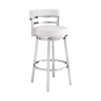 Armen Living Madrid 26" Counter Height Swivel Bar Stool in White Faux Leather & Brushed Stainless Steel-The smooth 360-degree swivel motion of this bar or counter stool makes for an easy entry and exit from the seat, creates optimal mobility for conversation or entertaining, and provides overall convenience to its user.