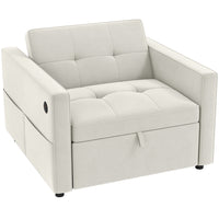 HOMCOM 3-in-1 Convertible Chair Bed with USB Ports for Living Room - Cream White-Effortless pull-out design with wheels converts sofa to single guest bed in seconds, saves space 
