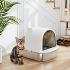 PawHut Enclosed Stainless Steel Cat Litter Box with Scoop-Front sand drop area traps litter, maintaining cleaner floors 