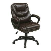Worksmart Manager's Mid-Back Faux Leather Chair, Chocolate-Faux leather seat and back with built-in lumbar support