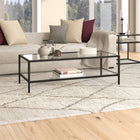 Hudson&Canal Hera 54"W Rectangular Coffee Table with Glass Shelf - Blackened Bronze-Handcrafted finish applied to a steel frame