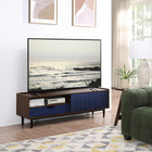 Manhattan Comfort Duane 59.25" Mid-Century Modern TV Stand - Dark Brown and Navy Blue-Includes 1 Full Extension Drawers, 2 Shelf Compartments, and 1 Sliding Door on Plastic Track