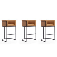 Manhattan Comfort Cosmopolitan 23.7" Mid-Century Modern Faux Leather Upholstered Bar Stool - Camel and Black - 3 Pack-Mid-Century Modern Barstool with Backseat Perfect for Bar and Kitchen Use. Set of 3
