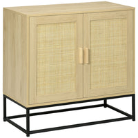 HOMCOM 31.5" L Wood Sideboard - Natural Wood-Hand-woven rattan door fronts with pine wood handles