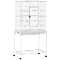 PawHut 64" Large Rolling Metal Bird Cage with Detachable Rolling Stand and Storage Shelf - White-Solid metal frame, steel wire and plastic construction 