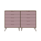 Manhattan Comfort Rockefeller Mid-Century Modern Bedroom Dresser 3-Piece Set - Nature/Rose Pink-19.02" L x 69.72" W x 44.57" H
