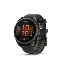 Garmin fēnix 8 Pro Multisport GPS Smartwatch - 47 mm - Carbon Grey DLC Titanium with Black/Pebble Grey Silicone Band-RUGGED BY DESIGN - Built to endure, this premium design is dive-rated and features leakproof buttons, a metal sensor guard cover and a bright 1.4" AMOLED display with a scratchresistant lens and titanium bezel — so it can go places your phone can’t. It’s tested to U.S. military standards for thermal, shock and water resistance.