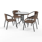 Flash Furniture 28" Round Glass Metal Table with Dark Brown Rattan Edging & 4 Dark Brown Rattan Stack Chairs-Table and Chair Set