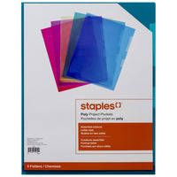 Staples Poly Project Pockets - Letter Size - Assorted Colours - 5 Pack-Sealed on two sides to hold documents securely