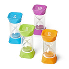 Hand2Mind Jumbo 1 - 2 - 5 - and 10 Minute Sand Timer Set - Set of 4-Silent timer: The top and bottom end cap is squared-off and made from soft rubber that offers increased durability and allows for quiet pausing of the timer. Place the hourglass sand clock sideways to pause the timers