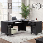 Sauder Tiffin Line L-Desk - Raven Oak-Hidden storage behind each door features an adjustable shelf and pull-out hanging storage with full extension slides that accommodate letter or legal size hanging files