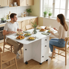 HOMCOM Rolling Drop Leaf Folding Dining Table with Drawers & Storage Cabinet for 4-6 - Marble White-Two sideboards lift to accommodate up to six people