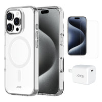 AXS Starter Kit bundle with Ultra Clear Magsafe Case Screen Protector and 30W Charger for iPhone 16 Pro - Clear-Drop-tested, scratch resistant phone case with shock absorbing air pockets