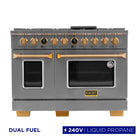 Kucht 48" KXP Series Dual Fuel Range Propane Gas - Stainless Steel/Gold-Cook and bake like a pro with 2 separate ovens with large oven windows, the main is a heavy-duty blue porcelain oven with 4.2 cu. ft. of capacity while the additional side oven has 2.5 cu. Ft