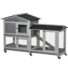 PawHut 62" Wooden Rabbit Hutch with Wheels, Run Box, Tray, Ramp and Light - Grey-Solid fir wood frame and asphalt roof made for outdoor use 