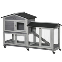 PawHut 62" Wooden Rabbit Hutch with Wheels, Run Box, Tray, Ramp and Light - Grey-Solid fir wood frame and asphalt roof made for outdoor use 