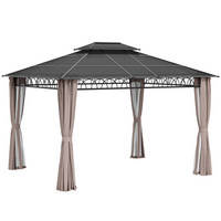 Outsunny 10 ft W x 12 ft L Double Roof Hardtop Gazebo with Nettings Curtains - Khaki-Spacious enough for your guests to feel free to move around