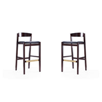 Manhattan Comfort Klismos 20" Mid-Century Modern Faux Leather Upholstered Bar Stool - Black and Dark Walnut - 2 Pack-Mid-Century Modern Barstool with Backseat Perfect for Bar and Kitchen Use. Set of 2