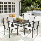 Outsunny 5 Pieces Outdoor Dining Set with Round Table and 4 Stackable Chairs-Powder-coated steel frame resists rust and withstands harsh weather