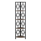 Monarch Specialties 3611 62"H Bookcase - Dark Taupe/Black Metal Corner Etagere-This corner shelf features a three-leg black metal frame, allowing it to sit tight against the wall