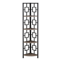 Monarch Specialties 3611 62"H Bookcase - Dark Taupe/Black Metal Corner Etagere-This corner shelf features a three-leg black metal frame, allowing it to sit tight against the wall
