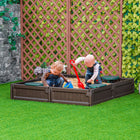 Outsunny Outdoor Kids Square Sandbox with Canopy and Bottom Fabric Liner - 48.4" x 48.4" - Brown-Equipped with 4 quarter circle corner seats, allowing kids to have a place to sit 