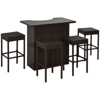 Outsunny 5 Pieces Patio Bar Set with Tempered Glass Top Bar Table and Shelves, 4 Bar Chairs - Dark Brown-5pcs rattan bar set includes 1 bar table and 4 bar stools for indoor and outdoor use
