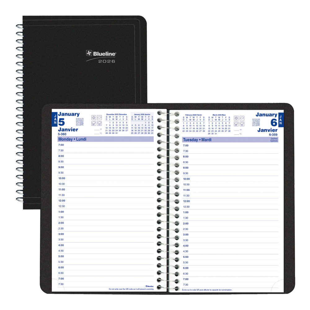 Blueline 2024 Traditional Daily Planner - 8 X 5, Bilingual English/French, January-December, Perfect Binding, Blue