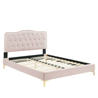 Modway Amber Full Platform Bed with Gold Metal Legs - Pink-BUTTON TUFTED - Bring glam deco and vintage modern style to a teenager or guest bedroom with the full headboard of this platform bed featuring button tufting, nailhead trim, and a charming silhouette