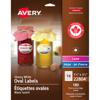Avery Glossy White Laser/Inkjet Permanent Print-to-the-Edge Oval Labels, 1-1/2" x 2-1/2", 180 Pack (22804)-Permanent, Oval label