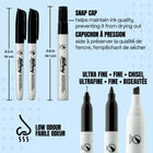 Hilroy Permanent Markers Variety Pack - Low Odour Ink - Black - 2 Chisel - 2 Fine - 2 Ultra Fine - 6 Set-Snap cap:Hilroy Permanent Markers are designed with a secure snap closure that prevents ink from drying out. The cap fits tightly for easy, reliable use, helping maintain ink quality and extend the life of the marker