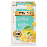 Twinings Superblends Probiotics+ Lemon & Ginger Herbal Tea Bags - 18 Pack-Blended with ginger root, lemon flavour, turmeric, cloves, cinnamon, liquorice root and ginger flavour for a warm and flavourful herbal tea experience