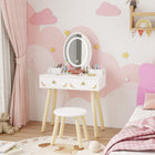 Qaba Kids Vanity Set with Mirror, Stool, 3-Colour LED Lights - White-Includes two removable desktop organizers for keeping small accessories neatly arranged
