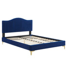 Modway Juniper Channel Tufted Performance Velvet Full Platform Bed with Gold Metal Legs - Navy-Full Platform Bed