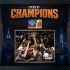 Frameworth New York Knicks 2026 Champions Team Trophy PhotoGlass Framed Photo - 22" W x 18" H - Black-Framed photoglass display: New York Knicks PhotoGlass Frame 2026 Champions Team Trophy Black Skyline Design for New York Knicks fans and collectors