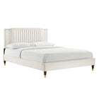 Modway Zahra Channel Tufted Performance Velvet Twin Platform Bed with Wood Legs and Gold Metal Sleeves - White-Stain-Resistant Performance Velvet