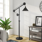 Hudson&Canal Descartes Pulley System Floor Lamp with Metal Shade - Blackened Bronze/Blackened Bronze-Handcrafted blackened bronze finish is applied to the novelty adjustable metal base