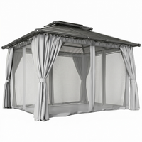 Outsunny 10 ft W x 12 ft L Double Roof Hardtop Gazebo with Nettings Curtains - Grey-Spacious enough for your guests to feel free to move around