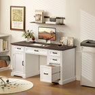 HOMCOM 57.9" Farmhouse Executive Desk with Soft-Close Drawers - White-Five drawers and a cabinet with a 3-level adjustable shelf offer flexible storage