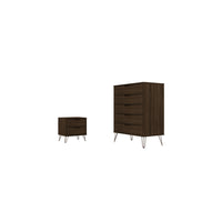 Manhattan Comfort Rockefeller Mid-Century Modern Tall Dresser and Nightstand Set - Brown-Mid-Century Modern Tall Dresser and Nightstand for Bedroom Use.