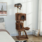 PawHut 63" Cat Tree with Sisal Scratching Posts and Condos - Leopard Print-Top cat-ear perch with a dangling ball offers a playful lookout 