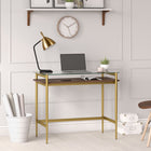 Hudson&Canal Eaton 36" Desk - Brass/Walnut-Desk features open lower space with wraparound crossbar