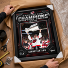 Frameworth Carolina Hurricanes 2026 Stanley Cup Champions: Sebastian Aho Shield Design PhotoGlass Framed Photo - 18" W x 22" H-Frameworth quality: Made in Canada by Frameworth Sports Marketing, established 1992, producing officially licensed sports memorabilia