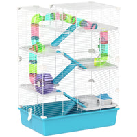 PawHut 6 Tier 32" Hamster Cage with Tunnels and Tubes - Light Blue-Six-tier, twin tower design with colorful tubes for exploration