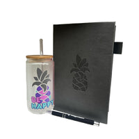 Wamaco Pineapple Mindful Collection Set - Hard Cover Fushia Journal, Be Happy Glass with Lid and Straw, Pen-Convenient – This Mindful Collection has an abundant of lined pages for your thoughts, goals and lists.