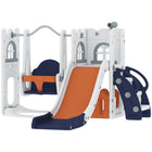 Qaba 6-in-1 Kids Slide and Swing Set with Telescope, Basketball Hoop and Climber - Orange-6-in-1 design includes slide, swing, climber, storage, telescope, basketball hoop 