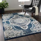Modway Entourage Malia Distressed Vintage Floral Vintage Medallion Area Rug - 5 ft W x 8 ft L - Ivory/Blue-Protect Floors From Foot Traffic / Furniture