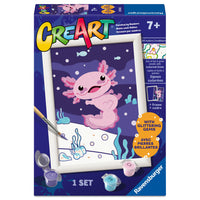 Ravensburger CreArt Axolotl Paint By Numbers-Includes 1 pre-printed, thick painting board; odourless water-based acrylic paints in resealable pots; 1 durable, fine-point paintbrush; 1 paint-holder palette; easy-to-follow guide sheet and a frame