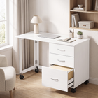 HOMCOM 42" Foldable Mobile Computer Desk with 3 Drawers and Wheels - White Wood Grain-Large bottom drawer fits A4 and Letter files using adjustable rails